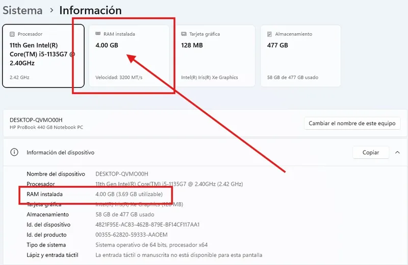 Pantalla de información del sistema de una laptop que muestra 4 GB de RAM instalada