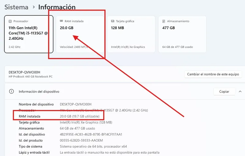 Pantalla de información del sistema de la misma laptop que muestra 20 GB de RAM instalada