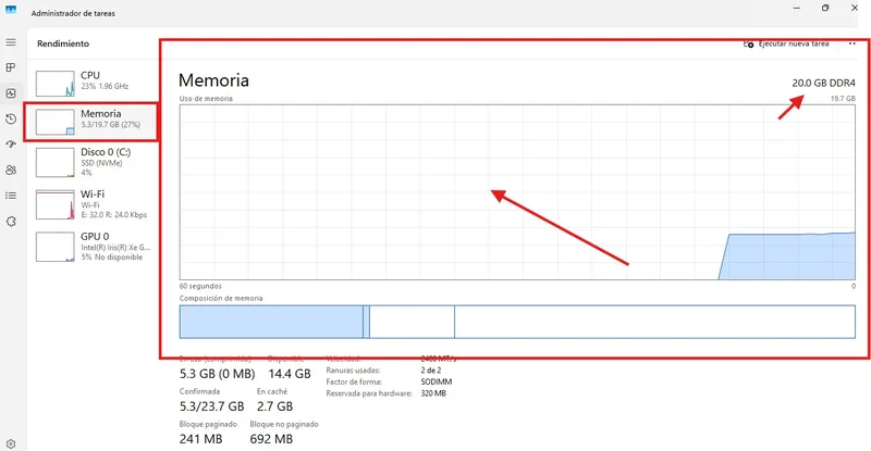 Administrador de tareas de la misma laptop con 20 GB de memoria y un uso de memoria del 27 por ciento