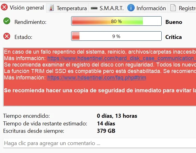 Programa de diagnóstico mostrando un disco con estado crítico y vida restante estimada muy baja