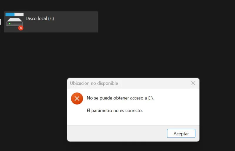 Mensaje de Windows indicando que no se puede acceder a una unidad de disco