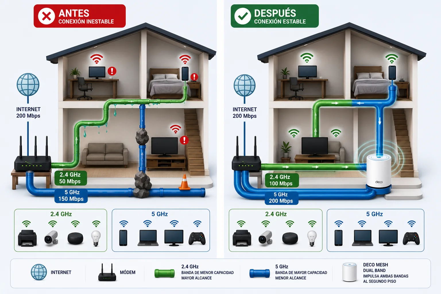 Antes y después: router básico con zonas muertas vs sistema Mesh estable — JARVIZ Tecnología
