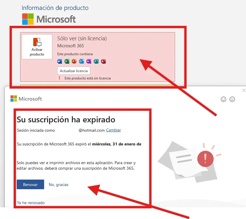 Aviso de Office que indica que la suscripción expiró y el producto está en modo solo lectura