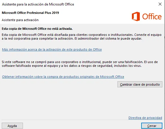 Asistente de Office que indica que la copia del producto no está activada
