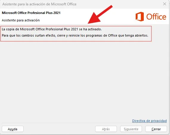 Asistente de activación de Office que confirma que el producto se activó