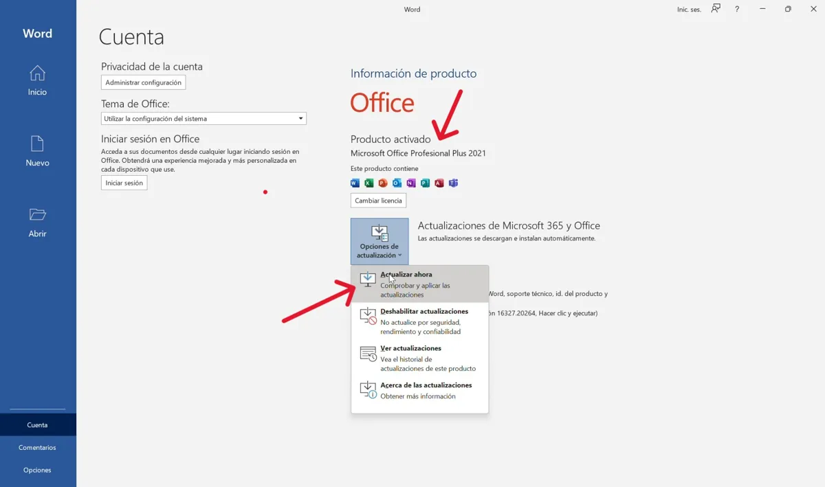 Pantalla de cuenta de Word con producto activado y opciones de actualización