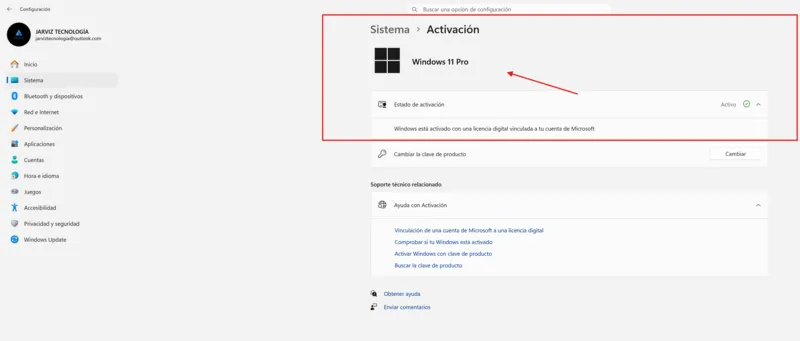 Pantalla de activación de Windows 11 Pro con el estado Activo