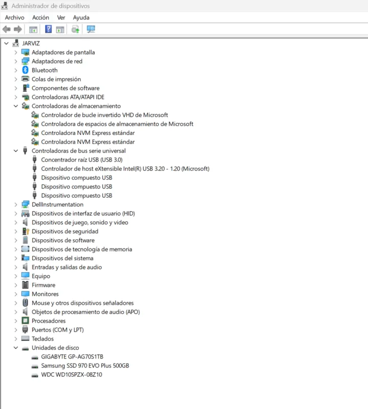 Administrador de dispositivos de Windows con los controladores del equipo