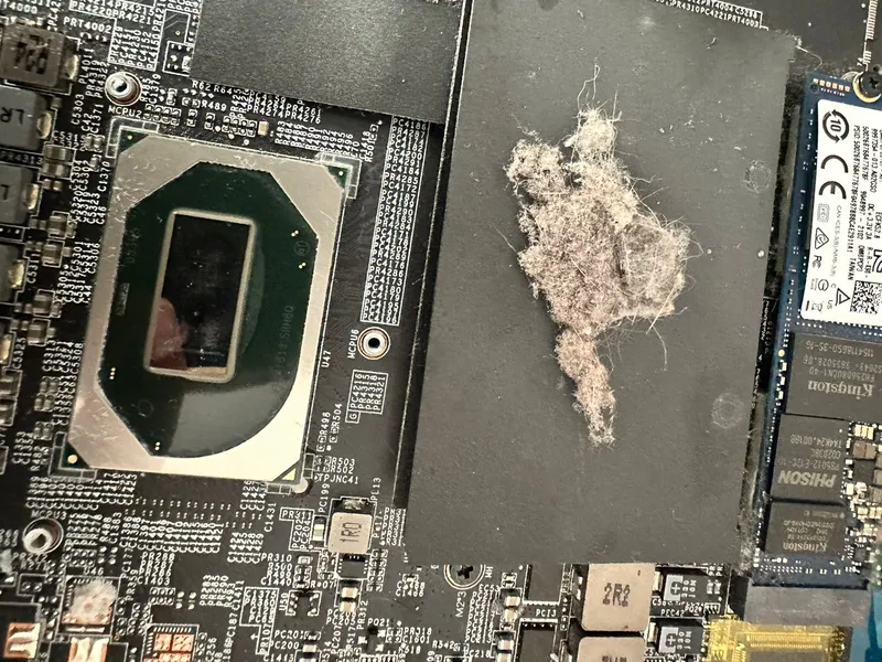 Pelusa y polvo acumulados junto al procesador dentro de una laptop abierta